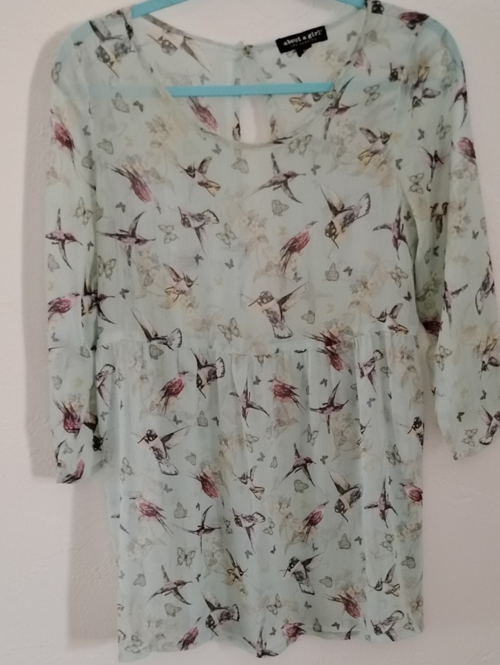 About A Girl Mint Hummingbird Print Long Sleeve Tunic Small Lk New